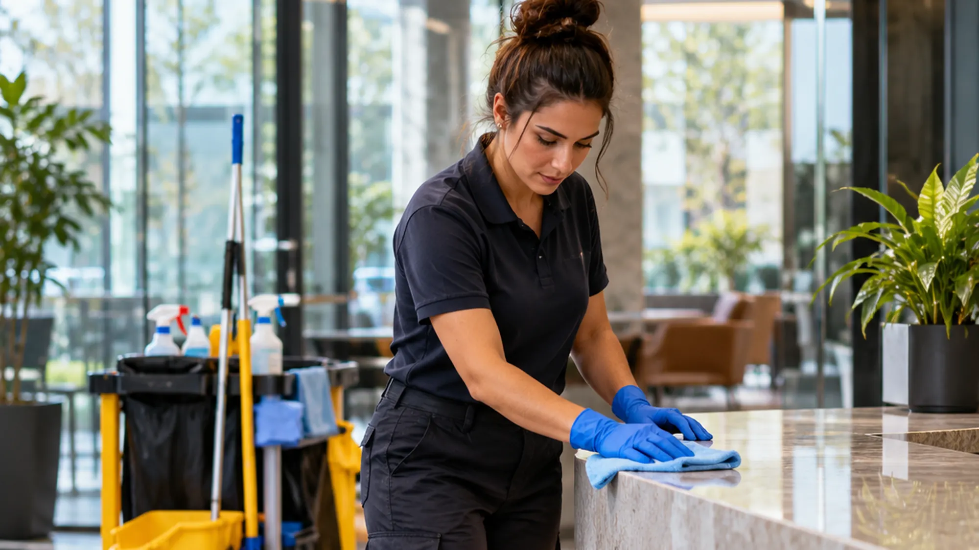 Professional cleaner working in a Sydney office interior