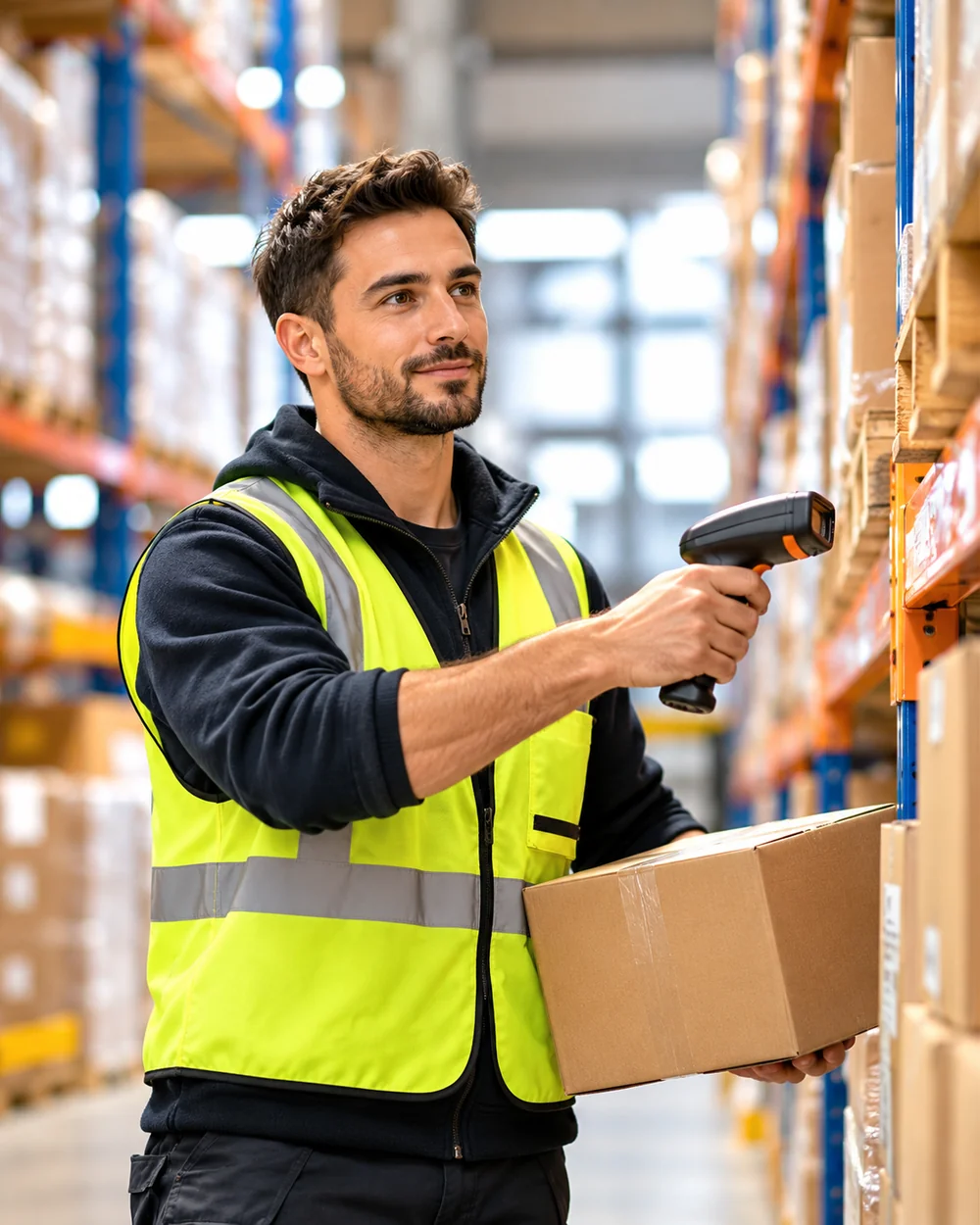 Warehouse worker scanning stock among racking