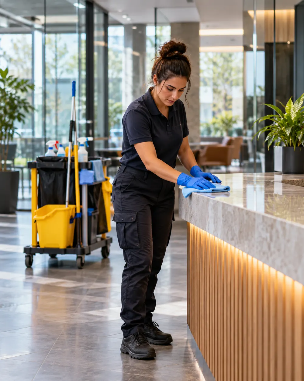 Commercial cleaner working in a modern office lobby
