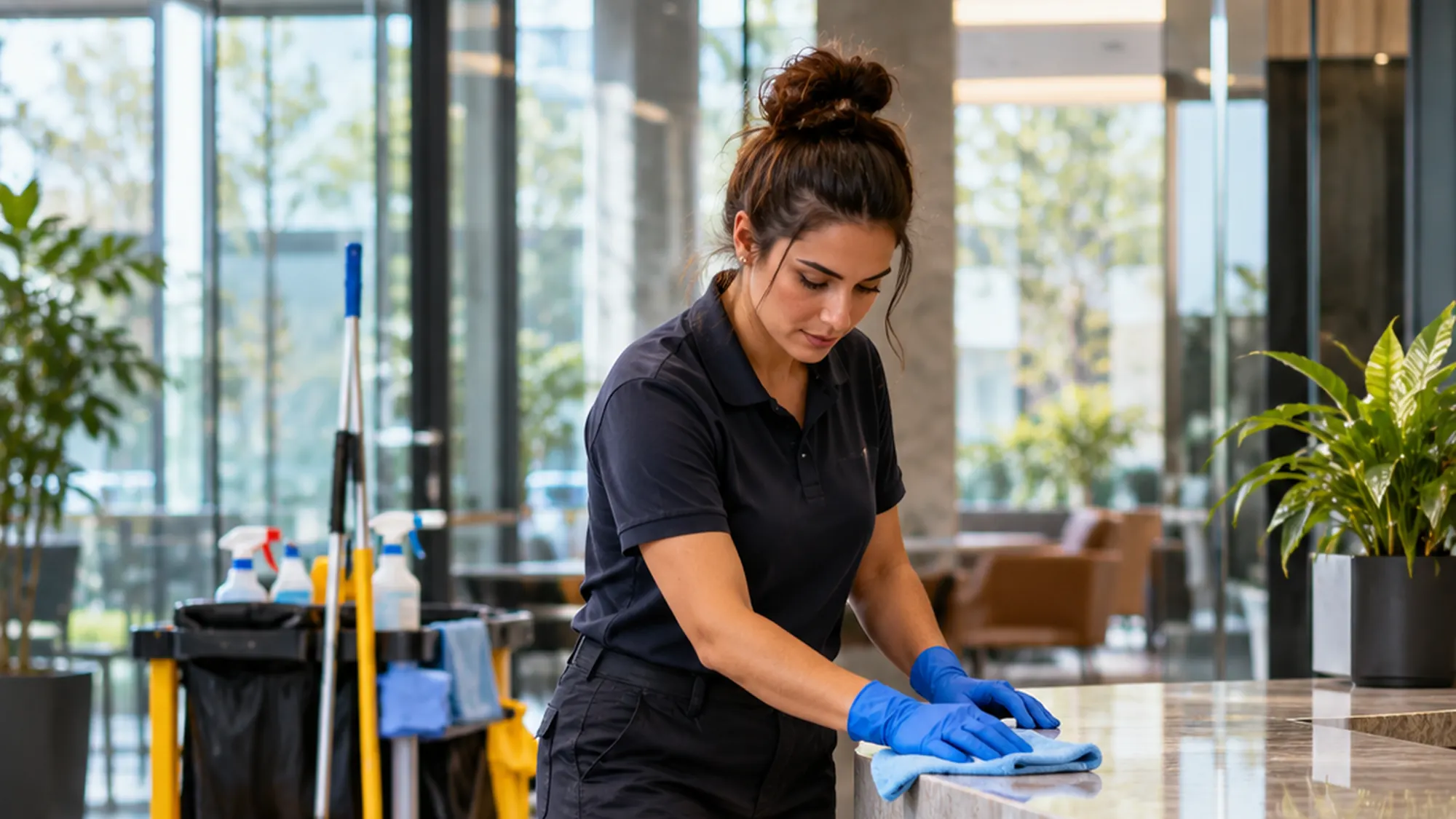 Commercial cleaner working at an office reception counter