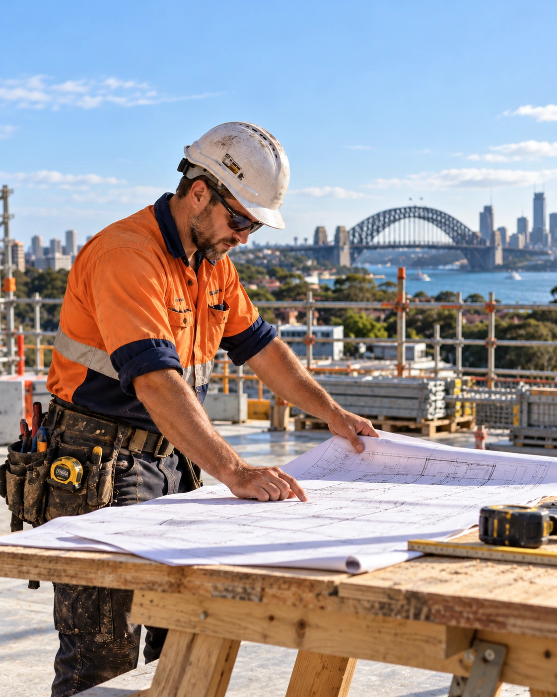 Construction worker reviewing building plans with Sydney Harbour Bridge in the background