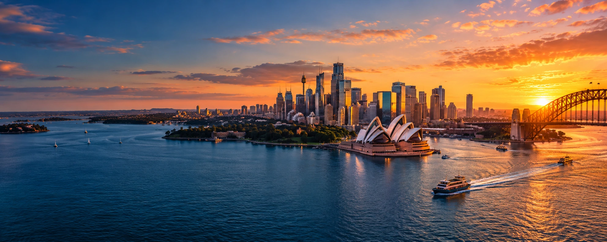 Cinematic panoramic view of Sydney Harbour, the Opera House, CBD and Harbour Bridge at sunset