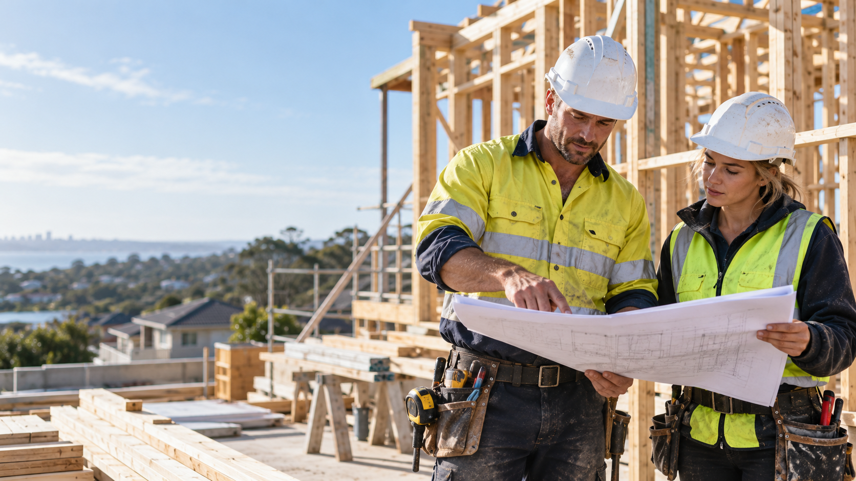 Tradesperson working with building materials on a construction site